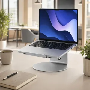 ALOGIC Elite 360 silberner Laptop-Drehständer mit drehbarem Fuß, der einen Laptop auf dem Schreibtisch hält