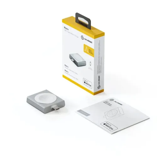 ALOGIC Matrix Apple Watch‑laddare med vit rund laddskiva och USB‑C‑kontakt, visad med gulvit förpackning och inkl. manual