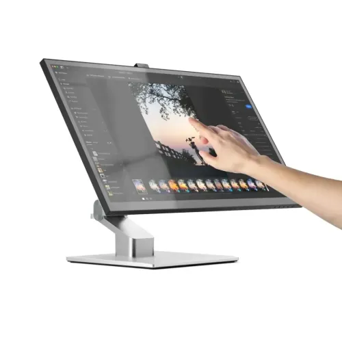 ALOGIC Clarity folding stand with sturdy hinges and square metal base, holds tilted touchscreen while one hand interacts.