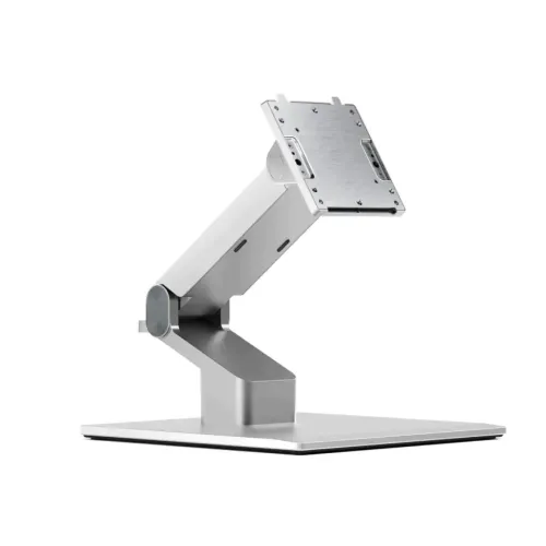 Folding screen stand with articulated arm, rectangular base and square mounting plate, shown in side view in silver.