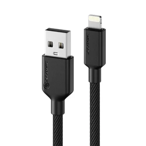 ALOGIC USB-A to Lightning cable in black with braided cord; close-up shows USB-A connector and Lightning connector against background.