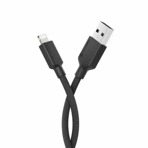 Black braided USB-A to Lightning cable from ALOGIC in close-up, with angled connectors and crossed cable against white background.