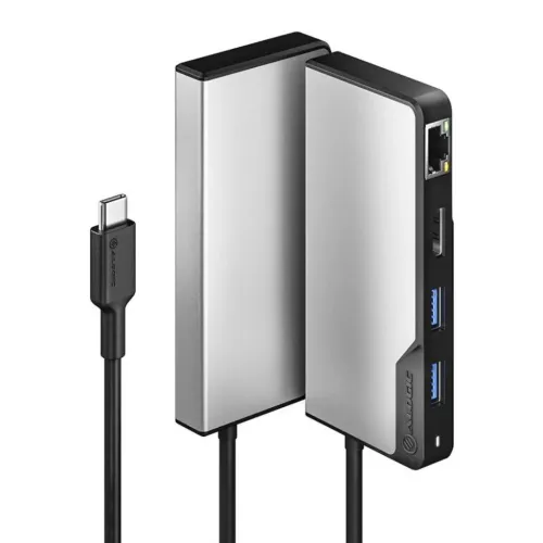 Alogic USB‑C 5‑i‑1‑hubb i rymdgrått, visad från två sidor med Ethernet, HDMI och två USB‑A‑portar samt fast USB‑C‑kabel med plugg.