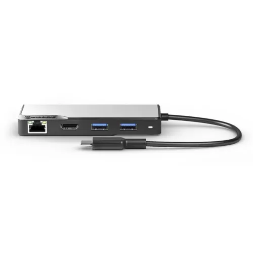 USB-C 5‑i‑1-hubb i rymdgrått, rektangulär med Ethernet-, HDMI- och två USB‑A-portar, fast USB‑C‑kabel och liten statuslampa.