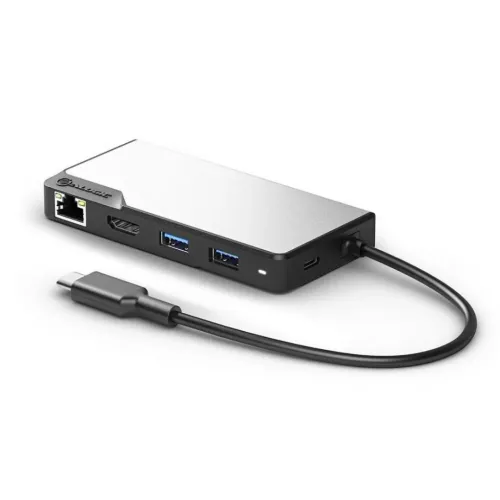 ALOGIC USB-C-hubb med fast kabel; portar: RJ45, HDMI, två USB-A samt en USB-C på sidan; rektangulär, grå på vit bakgrund.