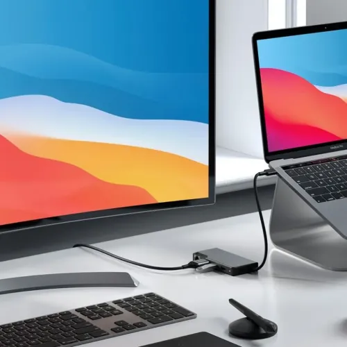 Alogic USB‑C 5‑i‑1-hubb i rymdgrått på skrivbord, ansluten mellan laptop och skärm; HDMI, Ethernet och två USB‑A‑portar syns.