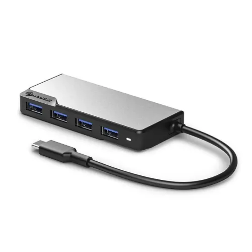ALOGIC USB-C 4-i-1-hubb i rymdgrått med fyra USB-A-portar på sidan, fäst USB-C-kabel och LED, liggande på vit bakgrund.