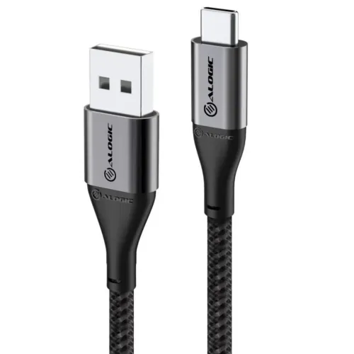 ALOGIC Ultra USB-A till USB-C-kabel i rymdgrå, nära vy av båda kontakterna med metallhylsor och svart dubbelflätad sladd.