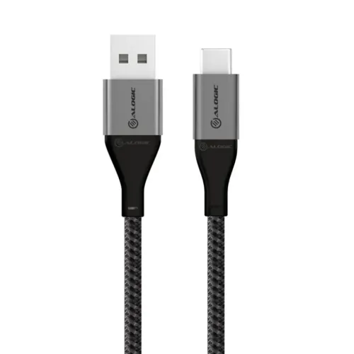 Alogic USB-A till USB-C-kabel med flätad svart design och logotypförsedda kontakter för laddning och dataöverföring