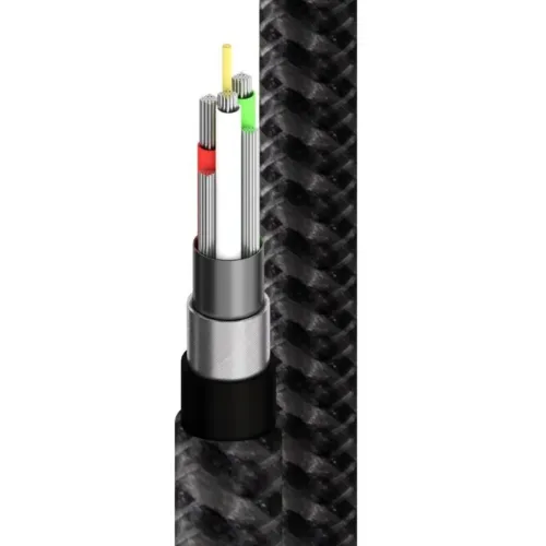 ALOGIC USB-C ja USB-A crossover adapteri kaabel musta punutud väliskesta, metallist varjestuse ja värvikoodiga juhtmetega.