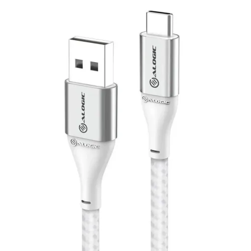 USB-A till USB-C-kabel i vitt med flätad sladd, silverfärgade metallhöljen och ALOGIC-logotyp, båda kontakterna i närbild.