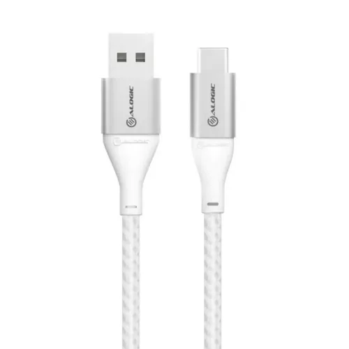 Alogic Ultra USB-A-auf-USB-C-Kabel mit geflochtener weißer Ummantelung und silbernen Anschlüssen zum Laden und zur Datenübertragung