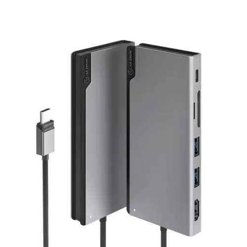 Rymdgrå USB-C-docka med slimmad metallkropp, fast kabel med USB‑C-kontakt och sidoplacerade SD/microSD, två USB‑A och HDMI.
