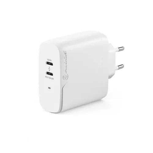 Hvit, kompakt vegglader med to USB-C-porter merket 18 W og 45-60 W, LED-indikator og EU-kontakt med to pinner, ALOGIC-logo.