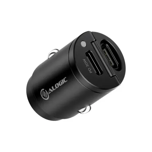 ALOGIC car charger in space gray, compact cylindrical design with two USB-C ports labeled PD 30W and visible logo on the side.