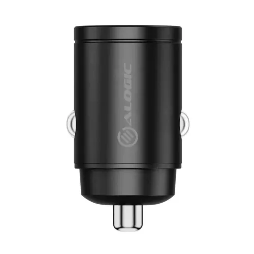ALOGIC car charger in space gray, matte, compact cylindrical design with shiny metal tip and spring contacts, seen from the side.