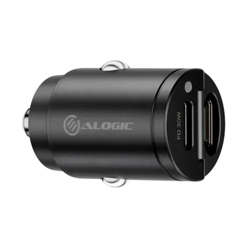 Car charger in space gray from ALOGIC, cylindrical design, displayed in side profile with two front-mounted ports and discreet logo.