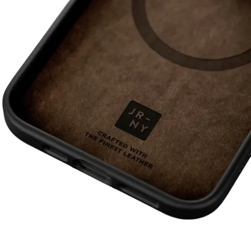 Journey leather case for iPhone 13 Pro Max, dark brown leather interior with MagSafe ring, black trim and cutouts for ports.