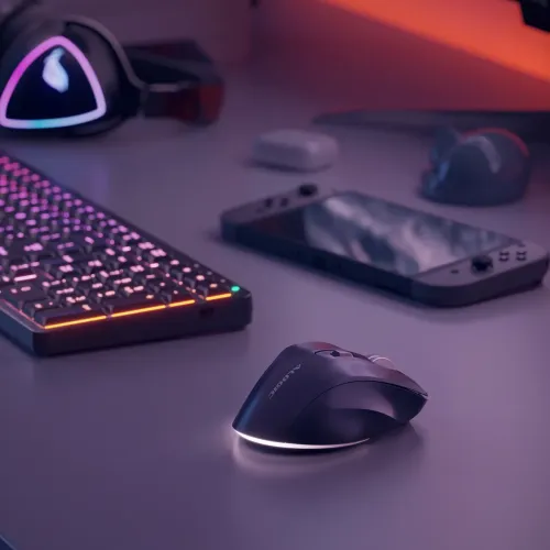 Alogic APEX must ergonoomiline hiir koos külgmiste nuppude ja kerimisrattaga töölaual valgustatud klaviatuuri ja pihuarvuti kõrval.