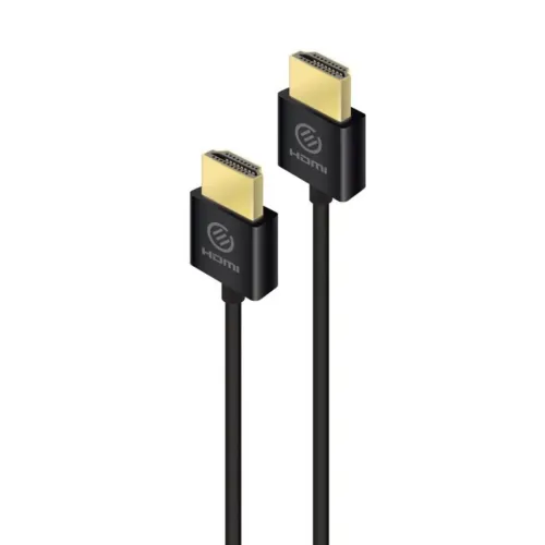 HDMI-kabel med två smala HDMI A-hankontakter med guldtonade kontakter, svart hölje med HDMI-logotyp, mot ljus vit bakgrund.