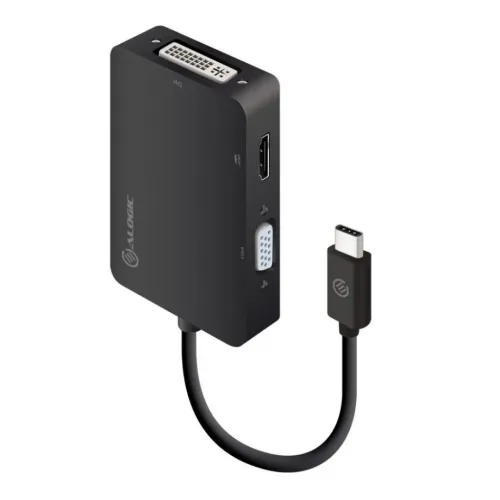 3-in-1 USB-C adapteris ar DVI, HDMI un VGA pieslēgvietām melnā krāsā, taisnstūra formas korpusā ar īsu kabeli un USB-C savienotāju ar logotipu.