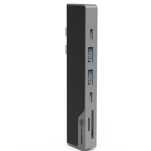 ALOGIC Ultra USB-C Dock NANO Gen 2 in space gray, shown with 2 USB-A, 2 USB-C, SD and microSD slots and two side plugs.