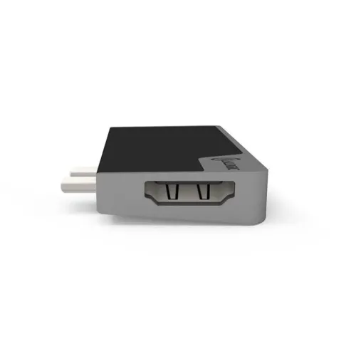 ALOGIC USB-C Dock NANO Gen 2 in space gray, front view with one HDMI port, wedge-shaped profile and dual USB-C connectors.