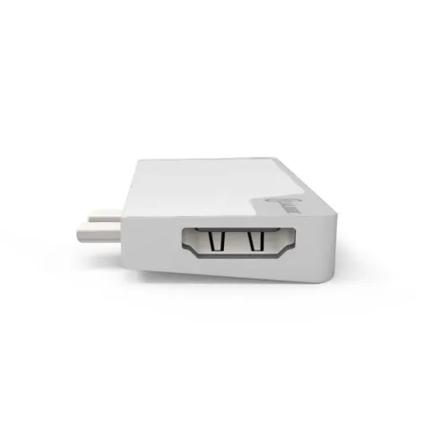 Sudraba krāsas, zema profila USB-C doks; priekšpusē redzams HDMI ports, bet aizmugurē kreisajā pusē izvirzīti divi USB-C savienotāji.