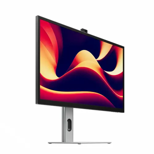 Alogic Clarity Pro 27-tommers UHD 4K-skærm på en sølvfarvet fod med tynd ramme og farverigt display