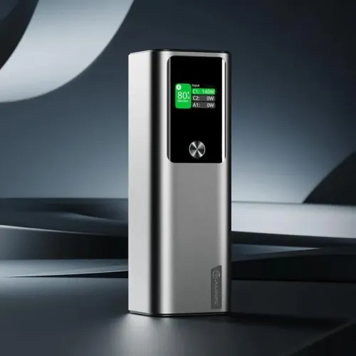 ALOGIC Ark powerbank in silver, rectangular with rounded corners, front display with green screen and round button, logo at the bottom.