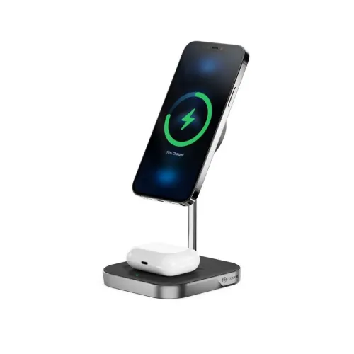 ALOGIC MagSpeed 2-i-1 trådløs ladestation med opretstående iPhone-holder og opladningsbase til AirPods