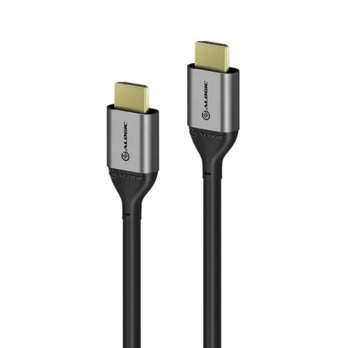 HDMI till HDMI-kabel med två guldfärgade kontakter, grå metallhöljen med ALOGIC-logotyp och svart kabel, visad i närbild.