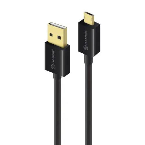 USB-A till Micro-USB-kabel med svarta kontakter; guldfärgade USB-A och Micro-USB, ALOGIC-logga, ändar mot vit bakgrund.