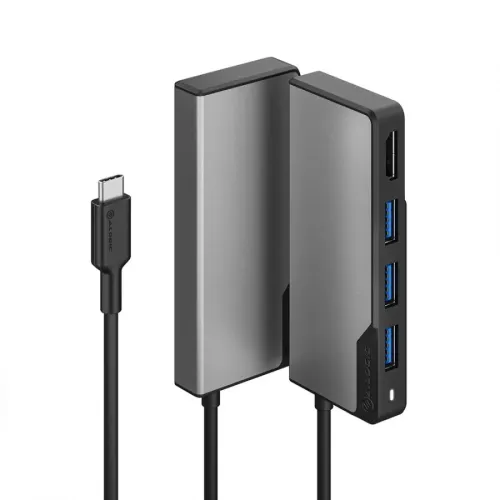 "ALOGIC" kosminės pilkos spalvos, plonas dviejų dalių USB-C šakotuvas su trimis mėlynais USB-A prievadais, vienu HDMI prievadu, USB-C kabeliu ir maža LED lemputė.