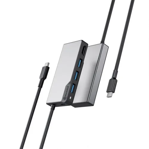 ALOGIC USB-C Fusion CORE 5 i 1 V2 hubben i rymdgrå, med tre USB-A-portar och en HDMI-port på sidan samt fast USB-C-kabel.
