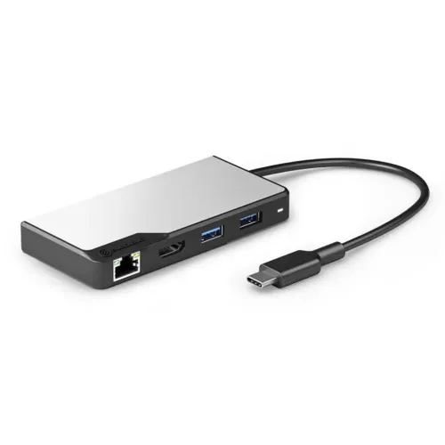 ALOGIC USB‑C 5‑i‑1 hub i rymdgrått, rektangulär med RJ45, HDMI och två USB‑A på sidan samt fast USB‑C‑kabel och liten LED.