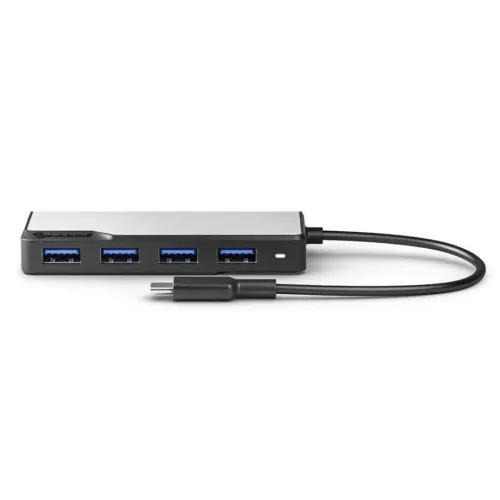 ALOGIC USB-C Fusion SWIFT 4-i-1 hubb i rymdgrått, platt med fyra blå USB-A-portar fram och fast kabel med USB-C-kontakt.