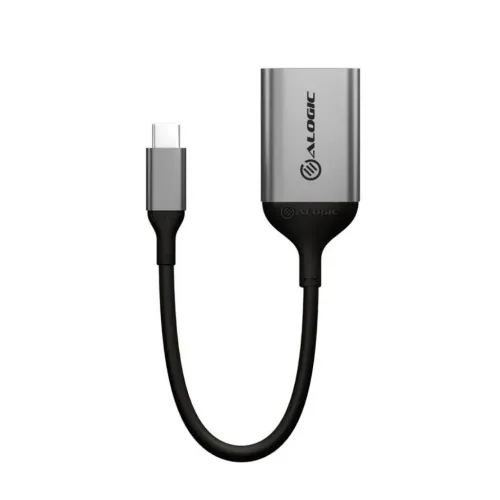 ALOGIC Ultra USB‑C till USB‑C adapter, rymdgrå; kort svart kabel med USB‑C hane till rektangulärt hölje med logotyp, isolerad.