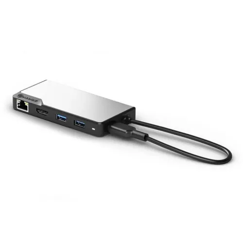 ALOGIC USB‑C Fusion Alpha V2 5‑i‑1 hub i rymdgrå, slimmad med RJ45, HDMI och två USB‑A på sidan samt ansluten USB‑C‑kabel.