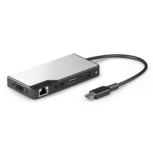 USB-C-hubb i rymdgrått med VGA, Ethernet, HDMI och två USB-A-portar samt fast kabel med USB-C-kontakt, sedd snett uppifrån.
