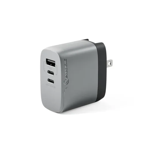 ALOGIC Rapid Power GaN charger in space gray with three ports (USB-A and two USB-C) and unfolded US pins, shown in oblique side view.