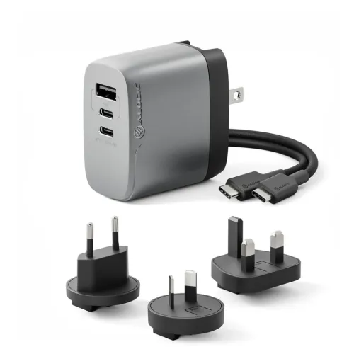 ALOGIC Rapid Power GaN 67W in gray with USB-A and two USB-C ports, US connector, braided USB-C cable and EU/UK/AU adapters.