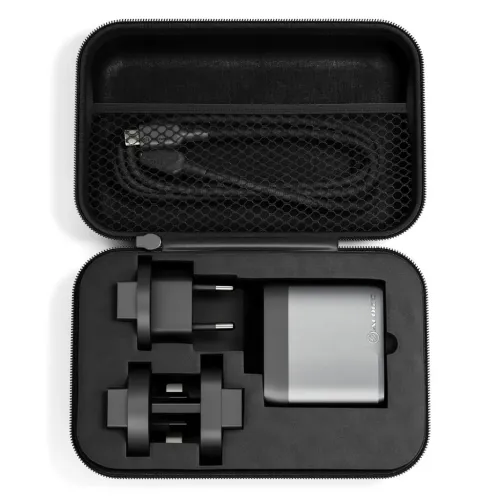 ALOGIC Rapid Power GaN 67W universal charger in open travel case, with two adapters and braided USB-C cable in top mesh pocket.