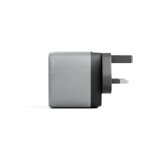 ALOGIC Rapid Power GaN 67W universal charger in space gray, side view with two-tone casing and fixed British plug with three pins.