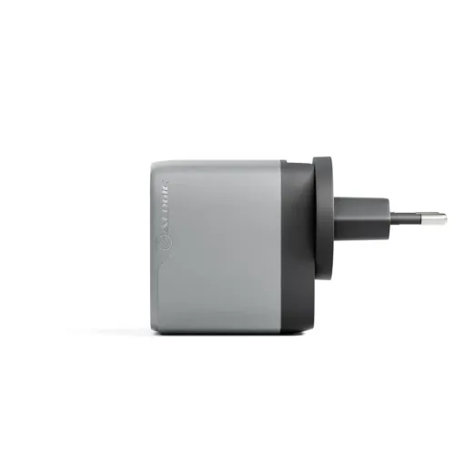Compact wall charger in space gray and black, side view with rounded corners and EU connector; ALOGIC logo on the casing, left side.