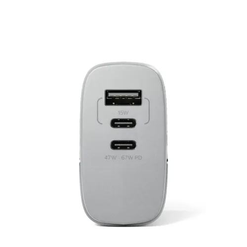 Universal charger in space gray, front view with one USB-A port labeled 15W and two stacked USB-C ports above the text 47W-67W PD.