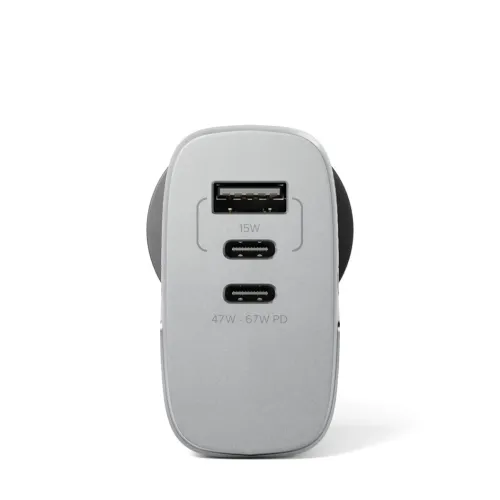 Universal charger in space gray with one USB-A port labeled 15W and two USB-C ports labeled 47-67W PD, front view, rounded
