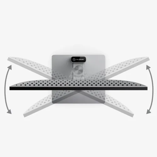 ALOGIC Clarity 27" berøringsskjerm med mørkegrå bakside, logo og senterfeste, vises i vippemodus med piler på sidene.