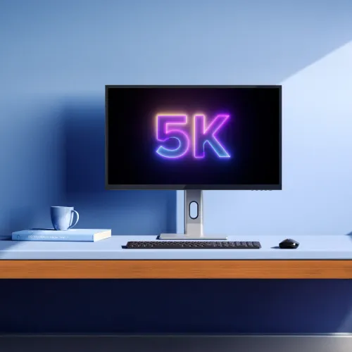 27-tommers skjerm med smal ramme på justerbart stativ, viser tekst 5K, på blått skrivebord med tastatur, mus, kopp og bok.