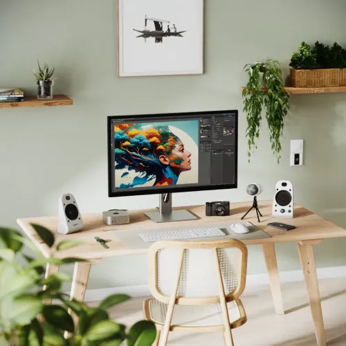 ALOGIC Clarity 27-tommers skjerm med slank ramme på sølvfarget stativ på et skrivebord av tre mellom hvite høyttalere, tastatur og mus.